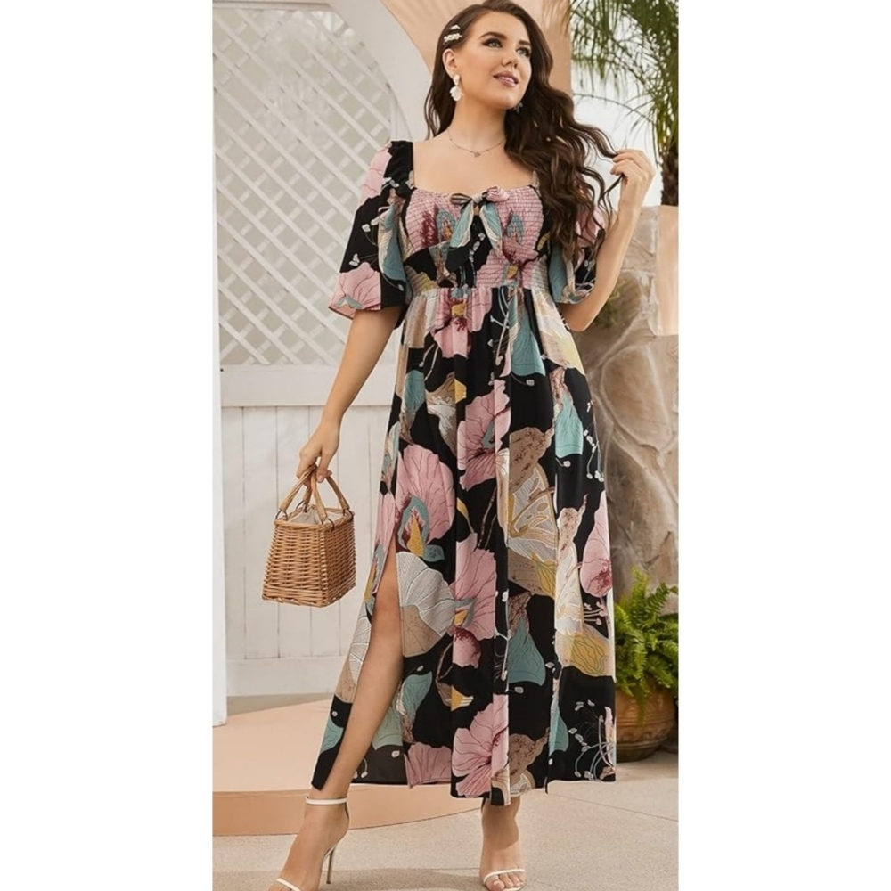 MakeMeChic Short sleeve High Waist A-Line Split Floral Maxi Dress Black Size 4X